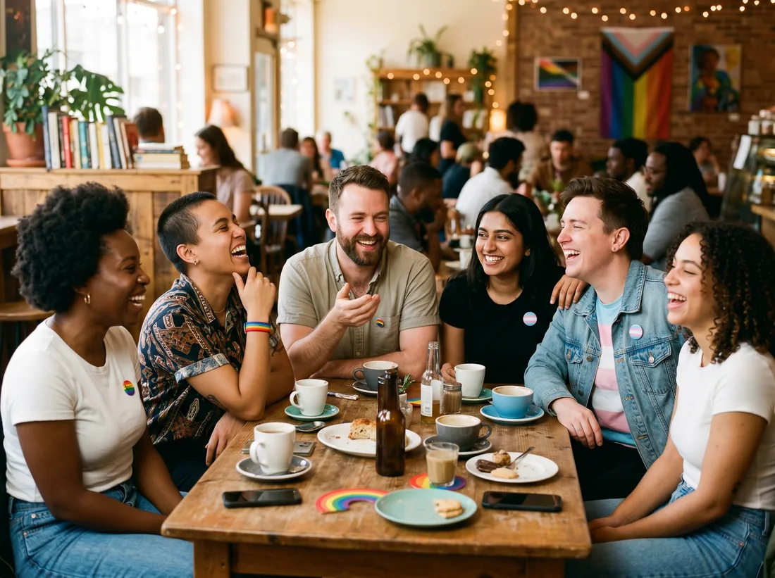 A diverse group of LGBTQIA+ friends laughing together at a cafe